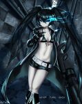  1girl absurdres arm_cannon belt bikini bikini_top_only black_coat black_gloves black_hair black_rock_shooter black_rock_shooter_(character) black_shorts blue_fire coat commentary_request fire flaming_eye front-tie_top gloves glowing glowing_eye highres long_hair no_shirt open_clothes open_coat pale_skin rock_cannon scar shorts solo swimsuit tokyo_(1421) twintails uneven_twintails weapon 