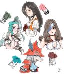  4girls aqua_hairband armor artist_name ascot bare_shoulders beatrix_(ff9) black_choker black_hair blue_ascot blue_lips blush bodysuit breasts brown_hair brown_lips burmecian choker cleavage coat cosmetics cropped_torso curly_ends eyepatch final_fantasy final_fantasy_ix freya_crescent garnet_til_alexandros_xvii gloves grey_eyes grey_hair grey_lips hair_ornament hairband hairclip head_on_hand helmet highres jas_(jasjasjasart) juliet_sleeves light_smile lipstick_tube long_hair long_sleeves low-tied_long_hair medium_breasts medium_hair mouse_girl multiple_girls open_mouth orange_bodysuit pink_lips puffy_long_sleeves puffy_sleeves red_coat red_eyes red_gloves red_helmet ruby_(ff9) shirt shoulder_armor sleeveless sleeveless_jacket tabard upper_body white_background white_gloves white_shirt winged_helmet 