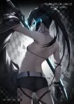  1girl absurdres ass back belt bikini bikini_top_only black_gloves black_hair black_rock_shooter black_rock_shooter_(character) black_shorts blue_eyes breasts chain commentary_request flaming_eye gloves glowing glowing_eye highres long_hair looking_back no_shirt pale_skin scar short_shorts shorts small_breasts swimsuit sword tokyo_(1421) twintails uneven_twintails weapon 
