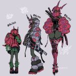  3girls antennae black_leotard boots colored_skin grey_background grey_skin harurie hood hood_up jacket leotard loose_socks multiple_girls partial_humanization pokemon red_hair scolipede short_hair shorts socks sword sword_on_back venipede weapon weapon_on_back whirlipede yellow_eyes 