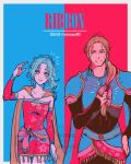  1boy 1girl 2026 aqua_hair armor blonde_hair blue_armor blue_background blue_cape blue_eyes blue_ribbon border breasts cape closed_mouth commentary_request cowboy_shot dated detached_sleeves dress earrings edgar_roni_figaro final_fantasy final_fantasy_vi hair_over_shoulder hand_in_own_hair highres jewelry low_ponytail medium_breasts multi-tied_hair orange_cape parted_bangs parted_lips pink_background pink_dress pink_eyes pink_ribbon pink_sleeves ponytail ribbon sash shared_clothes short_dress shoulder_armor smile strapless strapless_dress terra_branford tube_dress twitter_username uedymummy0921 waist_sash white_border 