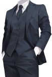 1boy black_jacket black_necktie black_pants black_suit buttons clothes_focus collared_shirt colored_skin commentary cowboy_shot english_commentary hands_in_pockets headless highres jacket jaeun_38 lapels long_sleeves making-of_available male_focus necktie notched_lapels open_clothes open_jacket original pant_suit pants photo-referenced shirt simple_background solo suit suit_jacket vest waistcoat white_background white_shirt white_skin 