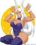  1girl alternate_costume animal_ears armpits arms_up bare_shoulders boku_no_hero_academia bow bowtie breasts cleavage commentary covered_abs covered_navel dark-skinned_female dark_skin detached_collar english_commentary hands_up highleg highleg_leotard highres large_breasts leotard long_eyelashes long_hair looking_at_viewer mirko parted_bangs patreon_username purple_bow purple_bowtie purple_leotard purple_thighhighs rabbit_ears rabbit_girl rabbit_pose rabbit_tail red_eyes smile solo strapless strapless_leotard tail thick_thighs thighhighs thighs toned toned_female traditional_bowtie very_long_hair white_hair white_wrist_cuffs wrist_cuffs yellow_nicky 