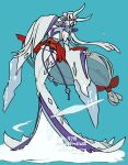  1girl aqua_background aqua_hair barefoot blue_horns bow finger_to_mouth fingernails floating froslass furisode half_updo harurie highres horns humanization ice japanese_clothes kimono long_fingernails long_hair mask mega_froslass mole mole_on_thigh nail_polish pokemon red_bow solo white_mask 