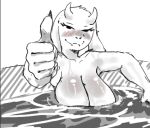 2026 2_horns 5_fingers anthro bedroom_eyes big_breasts black_eyes blush blush_lines boss_monster_(undertale) bovid breasts caprine claws curvy_figure digital_drawing_(artwork) digital_media_(artwork) female finger_claws fingers floppy_ears fur gesture glistening glistening_body glistening_breasts glistening_fur goat hand_gesture horn long_ears looking_at_viewer mammal mature_anthro mature_female mostly_submerged narrowed_eyes nude nude_anthro nude_female sakamtosng seductive solo tasteful_nudity thumbs_up toriel undertale undertale_(series) voluptuous voluptuous_anthro voluptuous_female water wet wet_body wet_fur white_body white_fur