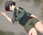 1girl absurdres bleeding blood blood_from_mouth blood_on_clothes blood_on_face blood_on_ground breasts broken_eyewear brown_hair cameltoe chest_rig combat_shirt commentary_request corpse curvy death deep_wound defeat empty_eyes glasses gunshot_wound guro headshot highres injury k-yuuta1133 large_breasts lying on_back on_ground orange_eyes original pee_stain short_hair short_shorts shorts solo tactical_clothes 
