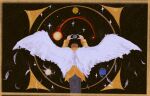  1boy angel angel_wings blonde_hair coat commentary earth_(planet) english_commentary galaxy genl0sser highres in_orbit male_focus planet planetary_ring project_hail_mary ryland_grace science_fiction solar_system solo space wings 