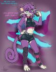2025 accessory anthro bottomwear breasts buckteeth clothing collar dialogue digital_media_(artwork) digitigrade english_text female fishnet_clothing fishnet_legwear furgonomics generation_1_pokemon hi_res legwear looking_at_viewer milo_(shrubie_fox) nintendo pokeball pokemon pokemon_(species) purple_body rattata shorts shrubie_fox simple_background smile solo standing tail tail_accessory team_rocket teeth text