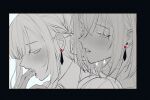  2girls bang_dream! bang_dream!_it's_mygo!!!!! black_border blush border collared_shirt earrings finger_in_another's_mouth greyscale jewelry long_hair misumi_uika monochrome multiple_girls parted_lips saliva shirt spot_color sweat togawa_sakiko tpt3p yuri 