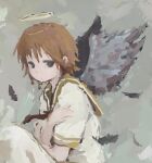  1girl bird black_eyes brown_hair brown_sailor_collar closed_mouth dot_mouth expressionless grey_background haibane_renmei halo hands_on_own_arms highres looking_to_the_side nyaausea rakka_(haibane_renmei) sailor sailor_collar sitting solo wings yellow_halo 
