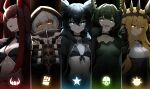  5girls bikini bikini_top_only black_choker black_crown black_gold_saw black_hair black_horns black_rock_shooter black_rock_shooter_(character) blonde_hair blue_eyes breasts chariot_(black_rock_shooter) choker commentary_request crown dead_master front-tie_bikini_top front-tie_top green_eyes high_collar horns lineup long_hair medium_breasts medium_hair multiple_girls no_shirt orange_eyes pale_skin red_eyes red_horns short_hair skeletal_hand strength_(black_rock_shooter) swimsuit tokyo_(1421) tongue tongue_out white_hair yellow_eyes 