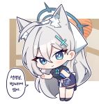  1girl animal_ear_fluff animal_ears black_shirt black_shoes blue_archive blue_eyes blue_halo blue_ribbon blue_skirt border bowing chibi chibi_only closed_mouth commentary_request cross cross_hair_ornament dark_halo extra_ears full_body grey_hair hair_ornament halo hand_up headscarf highres holding holding_menu inverted_cross korean_text lantern long_hair looking_at_viewer menu neck_ribbon official_alternate_costume outside_border paper_lantern partially_bordered pouch ribbon shiroko_terror_(blue_archive) shirt shoes skirt smile solo speech_bubble sucong thigh_pouch translated very_long_hair waitress white_headscarf wolf_ears wolf_girl 