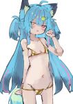 1girl absurdres ahoge animal_ear_fluff animal_ears bikini blue_hair blush breasts cat_ears cat_girl commentary copyright_request cowboy_shot double-parted_bangs fang fish_hair_ornament fluffy_tail fujiwarahatsune gold_bikini golden_week hair_ornament hand_up heterochromia highres long_hair looking_at_viewer multicolored_hair navel no_nose no_pupils parted_lips pink_eyes pink_streaks simple_background small_breasts solo standing streaked_hair swimsuit tail very_long_hair white_background yellow_eyes 