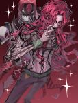  1boy abs absurdres argyle_skin arm_tattoo belt black_lips black_nails commentary diavolo epitaph_(jojo) fishnet_top fishnets green_belt green_eyes hair_over_one_eye highres jojo_no_kimyou_na_bouken king_crimson_(stand) long_hair looking_at_viewer makeup male_focus pants purple_pants red_background red_hair rir1chan smile sparkle spotted_hair stand_(jojo) tattoo toned toned_male topless_male untranslatable_commentary vento_aureo wristband 