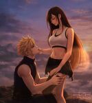  1boy 1girl artist_logo azezazel bare_arms bare_shoulders black_hair black_skirt black_thighhighs blonde_hair blush breasts cloud cloud_strife cloudy_sky collarbone commentary couple crop_top earrings english_commentary feet_out_of_frame final_fantasy final_fantasy_vii final_fantasy_vii_remake from_side hand_on_another's_cheek hand_on_another's_face hand_on_another's_thigh hetero highres jewelry large_breasts lips logo long_hair looking_at_another midriff miniskirt navel outdoors parted_lips pink_lips profile removing_thighhigh short_hair signature single_thighhigh skirt sky sleeveless sleeveless_turtleneck spiked_hair sunset sweater tank_top thighhighs tifa_lockhart turtleneck turtleneck_sweater twitter_username undressing_another white_tank_top 