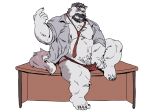  2021 anthro beard bearwivme canid canine canis clothed clothing domestic_dog facial_hair fur genitals grey_body grey_fur hi_res humanoid_hands jockstrap male mammal mature_male moobs mustache necktie nipples open_clothing open_shirt open_topwear overweight overweight_male penis shirt sitting solo topwear underwear white_body white_fur 