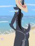  3:4 absurd_res ambiguous_gender anthro beach canid canine clothed clothing content_smile exhibitionism female hi_res mammal seaside solo solo_focus sun_hat topless xvii_(artist) 