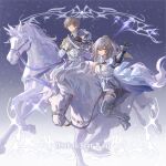  1boy 1girl achyue alternate_costume alternate_hairstyle armor armored_boots black_gloves black_skirt boots caelus_(honkai:_star_rail) commentary_request copyright_name dual_persona gauntlets gloves grey_hair hand_up highres honkai:_star_rail honkai_(series) horseback_riding long_hair looking_at_viewer matching_outfits pauldrons pointing ponytail riding sheath sheathed shirt short_hair shoulder_armor single_pauldron skirt smile star_(sky) starry_sky_background stelle_(honkai:_star_rail) sword thigh_boots thigh_strap trailblazer_(honkai:_star_rail) unicorn weapon white_shirt yellow_eyes 