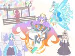  4girls ahoge antenna_hair black_dress blonde_hair blue_dress blue_hair bow bug butterfly butterfly_wings clenched_hand clenched_hands closed_eyes commentary cure_eclair double_bun dress english_commentary flying_kick gloves gradient_hair gun hair_bun hair_intakes hair_ornament handgun hat heart heart_ahoge highres holding holding_gun holding_weapon ieri_shiruku insect_wings jumping kamen_rider kamen_rider_zeztz kamen_rider_zeztz_(series) kicking kobayashi_mikuru lamppost long_hair meitantei_precure! moria_luluka multicolored_hair multiple_girls navel open_mouth orange_hair parted_bangs play_back precure puffy_short_sleeves puffy_sleeves purple_eyes purple_hair purple_shirt reiei_8 rider-tan shirt short_sleeves skirt smile stairs streaked_hair very_long_hair weapon wings 