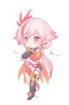  1girl asymmetrical_gloves black_boots black_gloves black_thighhighs boots chibi china_dress chinese_clothes closed_mouth commentary_request crossed_arms dress elbow_gloves fu_hua fu_hua_(phoenix) full_body gloves highres honkai_(series) honkai_impact_3rd long_hair mismatched_gloves mon_momu ponytail red_eyes red_gloves single_thighhigh solo thighhighs white_background white_dress 