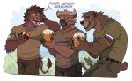 2026 2_horns :3 anthro arm_scar bear belarus belarusian_flag belt biceps black_nose bottomwear bovid bovid_horn bovine bovine_horn camo camo_bottomwear camo_clothing camo_pants camo_print camo_shirt camo_t-shirt camo_topwear cattle celebrating christianity claws clothed clothed_anthro clothed_male clothing cow_horn d:> dialogue digital_media_(artwork) easter easter_egg egg finger_claws food fully_clothed fully_clothed_anthro fully_clothed_male fur furry_tail gala_bobs group half-length_portrait hand_on_own_head happy hi_res holding_egg holding_food holding_object holidays horn joyful male mammal mature_anthro mature_male military military_uniform muscular muscular_male nature_background neck_muscles no_irises open_mouth paint_tool_sai_(artwork) pants patch_(fabric) pattern_bottomwear pattern_clothing pattern_pants pattern_shirt pattern_t-shirt pattern_topwear pig_nose plant pointy_ears politics portrait religion round_ears russia russian russian_description russian_federation russian_text scar shirt short_tail shrub sky soldier suid suine surprised sus_(pig) t-shirt tail tan_horn teeth text topwear translated translated_description trio ukraine ukrainian ukrainian_flag uniform unsigned warrior white_sclera wild_boar yellow_sclera
