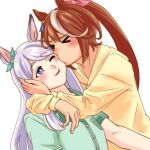  animal_ears aqua_bow ascot blush bow coat commentary ear_bow ear_ribbon high_ponytail highres horse_ears horse_girl jimmymushrooms kiss mejiro_mcqueen_(umamusume) multicolored_hair pajamas ponytail single_hair_streak streaked_hair tokai_teio_(umamusume) umamusume yuri 