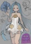  1girl anpanman anpanman_(character) blue_hair commentary doraemon doraemon_(character) dress drooling granblue_fantasy highres long_hair lyria_(granblue_fantasy) monster mouth_drool saliva simple_background single_tear smile umezawa_michiko very_long_hair white_dress 