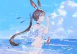  1girl absurdres amiya_(arknights) animal_ears arknights beach bikini blowing_bubbles blue_collar blue_eyes blue_ribbon brown_hair chinese_commentary collar commentary_request cowboy_shot day hair_ribbon highres holding jsnttzzj long_hair navel ocean off_shoulder outdoors ponytail ribbon shirt short_sleeves signature soap_bubbles solo standing swimsuit white_bikini white_shirt 
