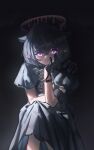  1girl absurdres black_dress black_gloves black_hair crossed_legs dress floomf gloves gradient_halo halo hand_on_own_chin head_rest highres hololive hololive_english looking_at_viewer meconopsis_(ninomae_ina'nis) melting_halo multicolored_halo ninomae_ina'nis orange_halo pointy_ears purple_eyes purple_halo sitting solo virtual_youtuber 