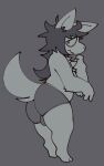  anthro bulge butt canid canine chest_tuft clothed clothing fox greyscale hair hi_res leaning leaning_forward long_hair male mammal messy_hair monochrome shoulder_tuft side_view sog_(squishy) solo squishy_(artist) standing tuft underwear underwear_only wavy_mouth worried 
