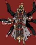  1boy absurdres black_wings commentary_request extra_arms giratina gloves harurie hat highres jacket military_hat military_jacket military_uniform partial_humanization pokemon red_background red_eyes solo torn_clothes white_gloves wings 