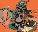  2girls apron bare_shoulders black_bow bow branch brown_dress bubble_skirt closed_eyes commentary_request covered_mouth dark_skin detached_sleeves dress gloves gourgeist green_hair hair_over_one_eye hand_on_own_face harurie hat headdress heart humanization long_hair midriff multiple_girls open_mouth orange_background orange_gloves orange_hair orange_ribbon pokemon red_eyes ribbon short_hair skirt smile spiked_hair trevenant turtleneck waist_apron witch_hat 