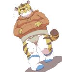  2021 anthro asian_clothing belly blush clothing east_asian_clothing felid hoodie humanoid_hands japanese_clothing kemono male mammal mawashi meg_hoi overweight overweight_male pantherine simple_background solo tiger topwear white_background yellow_body 