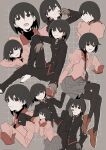  1boy 1girl :3 black_eyes black_hair black_jacket black_necktie black_pants black_pantyhose black_shirt bob_cut breasts brown_shoes closed_mouth commentary cropped_torso dress_shirt dual_persona elbow_on_knee empty_eyes from_behind from_side full_body gakuran gloves grey_background grey_gloves grey_skirt grid_background hair_between_eyes hand_on_own_face hand_on_own_head hand_up hands_on_own_cheeks hands_on_own_face head_rest head_tilt high_collar highres jacket knee_up leaning_forward light_smile loafers long_sleeves looking_at_viewer looking_back looking_to_the_side monogatari_(series) multiple_views naoetsu_high_school_uniform narrowed_eyes necktie open_mouth oshino_ougi outline pale_skin pants pantyhose parted_lips pink_shirt pleated_skirt puffy_long_sleeves puffy_sleeves red_trim school_uniform shirt shoes short_hair shrugging skirt sleeves_past_fingers sleeves_past_wrists small_breasts smile smug turning_head turtleneck undershirt valhalla0707 w_arms white_outline white_shoes 