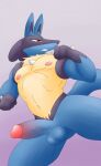  anthro balls big_balls big_penis blue_body blue_fur canid canine chest_tuft clenched_teeth dgfox digital_media_(artwork) fur genitals hi_res lucario male mammal navel nintendo nipples nude penis pok&eacute;mon pok&eacute;mon_(species) red_eyes simple_background solo spikes teeth thick_thighs training tuft video_games wide_hips 