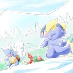  bright_pupils brown_eyes charmeleon claws closed_eyes commentary_request fire flame-tipped_tail ivysaur kangaskhan kinakomochi_(kazuna922) mega_kangaskhan mega_pokemon motion_lines no_humans one_eye_closed open_mouth outdoors pokemon pokemon_(creature) pokemon_focus red_eyes snow snowball snowball_fight sweatdrop tail throwing wartortle white_pupils 