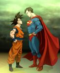  2boys alejandro_gonzalez black_hair blue_bodysuit bodysuit cape commentary crossover dc_comics dougi dragon_ball dragon_ball_z english_commentary height_difference highres male_focus multiple_boys muscular muscular_male pectorals print_bodysuit red_cape saiyan short_hair smile son_goku spiked_hair stare_down superhero_costume superman superman_(series) superman_logo 
