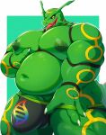 2026 absurd_res anthro areola barely_visible_genitalia barely_visible_penis belly big_bulge big_muscles big_pecs black_clothing black_jockstrap black_sclera black_underwear bulge clothed clothing digital_drawing_(artwork) digital_media_(artwork) dragon fangs generation_3_pokemon genitals green_body hi_res horn inviting jockstrap jockstrap_only legendary_pokemon lips male markings mega_evolution_logo muscular mythological_creature mythological_scalie mythology navel nintendo open_mouth orcakunart partially_clothed pec_squeeze pecs penis pokemon pokemon_(species) puffy_areola rayquaza red_lips scalie simple_background solo standing tail teeth tongue tongue_out topless underwear underwear_down underwear_only yellow_eyes 