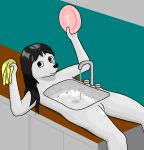  alternate_version_at_source animate_inanimate anthro black_hair canid canine canis daleport996 digital_media_(artwork) domestic_dog female genitals hair holding_object kitchen kitchen_sink long_hair lying mammal nude on_back on_counter pussy solo white_body 
