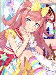  1girl agnes_digital_(full-color_fangirling)_(umamusume) agnes_digital_(umamusume) animal_ears beads belt blue_eyes blush bow character_doll closed_mouth coi_uota commentary_request doll hair_bow highres horse_ears horse_girl horse_tail jewelry long_hair looking_at_viewer mejiro_mcqueen_(umamusume) midriff multicolored_skirt pink_hair poster_(object) red_belt shirt single_thighhigh single_wrist_cuff sitting skirt sleeveless smile special_week_(umamusume) tail thighhighs tokai_teio_(peak_joy)_(umamusume) tokai_teio_(umamusume) two_side_up umamusume wrist_cuffs yellow_bow 