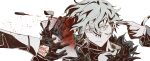  2boys absurdres arm_up astrobolet0s black_gloves blood bullet closed_mouth clothing_cutout command_spell fate/grand_order fate_(series) finger_gun finger_gun_to_head fujimaru_ritsuka_(male) glove_cutout gloves grey_hair high_collar highres kadoc_zemlupus looking_to_the_side multiple_boys out_of_frame outstretched_arm sideways_glance simple_background trinity_metatronius_(fate/grand_order) white_background yellow_eyes 