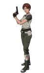  1girl absurdres belt black_gloves boots brown_hair commentary english_commentary fingerless_gloves full_body gloves green_eyes green_shirt gun handgun highres holding holding_gun holding_weapon midriff_peek rebecca_chambers resident_evil resident_evil_1 s.t.a.r.s._uniform shirt short_hair solo t-shirt thruston two-handed vest weapon 