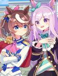  animal_ears aqua_bow ascot bow coat ear_bow ear_ribbon epaulettes frilled_coat frilled_jacket frills high_ponytail highres horse_ears horse_girl horse_tail jacket mejiro_mcqueen_(umamusume) multicolored_hair pink_ascot ponytail purple_hair single_epaulette single_hair_streak streaked_hair suikakahi tail tokai_teio_(peak_joy)_(umamusume) tokai_teio_(umamusume) tracen_training_uniform umamusume white_streaks 