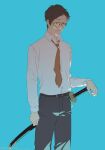 1boy absurdres adachi_tooru bandage_on_cheek belt belt_buckle black_hair black_pants blue_background brown_belt buckle buttons closed_mouth collared_shirt cowboy_shot dated dress_shirt glasses grey_eyes hand_on_hilt hand_rest highres katana long_sleeves looking_ahead male_focus necktie no_jacket obobkkp pants persona persona_4 red_necktie scabbard sheath shirt shirt_tucked_in short_hair solo standing sword twitter_username weapon white_shirt 