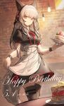  1girl absurdres animal_ears apron apron_hold arknights behind-the-head_headphones black_shirt black_skirt black_thighhighs brick_wall chinese_commentary closed_mouth commentary cowboy_shot diamond-shaped_pupils diamond_(shape) english_commentary food frostleaf_(arknights) grey_hair grey_tail happy_birthday headphones highres holding holding_plate indoors light_bulb light_particles long_hair maid mixed-language_commentary neck_ribbon plate puffy_short_sleeves puffy_sleeves red_eyes red_ribbon ribbon shale shirt short_sleeves skirt solo standing symbol-shaped_pupils tail thighhighs waist_apron white_apron wristband 