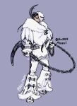  1boy absol black_hair chain commentary_request dark_skin facial_mark fur-trimmed_socks fur_shawl gloves grey_background harurie highres humanization multicolored_hair pants pokemon red_eyes shawl short_hair sickle solo swept_bangs tunic two-tone_hair white_gloves white_hair white_pants white_tunic 