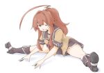  1girl ahoge akara_kai black_sailor_collar black_skirt blue_panties blush brown_eyes brown_hair brown_shirt commentary_request exercising huge_ahoge kantai_collection kuma_(kancolle) kuma_kai_ni_(kancolle) long_hair looking_at_viewer open_mouth outstretched_legs panties pleated_skirt sailor_collar sailor_shirt school_uniform serafuku shirt short_sleeves skirt smile solo spread_legs underwear white_background 