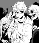  1boy 1other 2girls animification antenna_hair axe blood commentary_request drawstring edd_(eddsworld) eddsworld expressionless greyscale holding holding_axe hood hood_down hoodie iufuvr9 long_hair long_sleeves looking_at_viewer male_focus missing_eye monochrome multiple_girls open_mouth sharp_teeth short_hair side_ponytail sketch solo_focus teeth upper_body zombie 