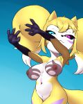 4:5 areola bandai_namco big_breasts breasts canid canine demon digimon female fox furball hi_res horn hybrid imp looking_at_viewer low-angle_view mammal markings meme nipples renimpmon shadow shadow_hands_challenge shortstack