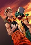  2boys alternate_eye_color arms_at_sides bakugou_katsuki bandana bandana_over_mouth bare_shoulders black-framed_eyewear black_tank_top blonde_hair boku_no_hero_academia bucket bucket_on_head buckle check_clothing chiyaya clothes_around_waist clothing_request cloud cloudy_sky commentary_request covered_mouth cowboy_shot downturned_eyes dutch_angle film_grain freckles from_side furrowed_brow gloves goggles goggles_on_head gradient_sky green_eyes green_hair green_jacket green_pants grey_gloves grid_teeth hand_in_pocket hand_up hazmat_suit headphones headphones_around_neck highres hose hose_nozzle jacket jacket_around_waist light_particles looking_at_viewer looking_down looking_to_the_side male_focus matching_outfits midoriya_izuku multiple_boys object_on_head official_alternate_costume orange-tinted_eyewear orange_eyes orange_jacket orange_pants orange_sky outdoors pants plunger print_bandana purple_clouds red_bandana red_sky sanpaku scowl short_hair shoulder_strap sky spiked_hair tank_top tinted_eyewear tsurime v-shaped_eyebrows yellow_sky 
